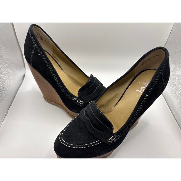 Levity Black Suede Loafer Block Heel Shoes - Picture 2 of 6